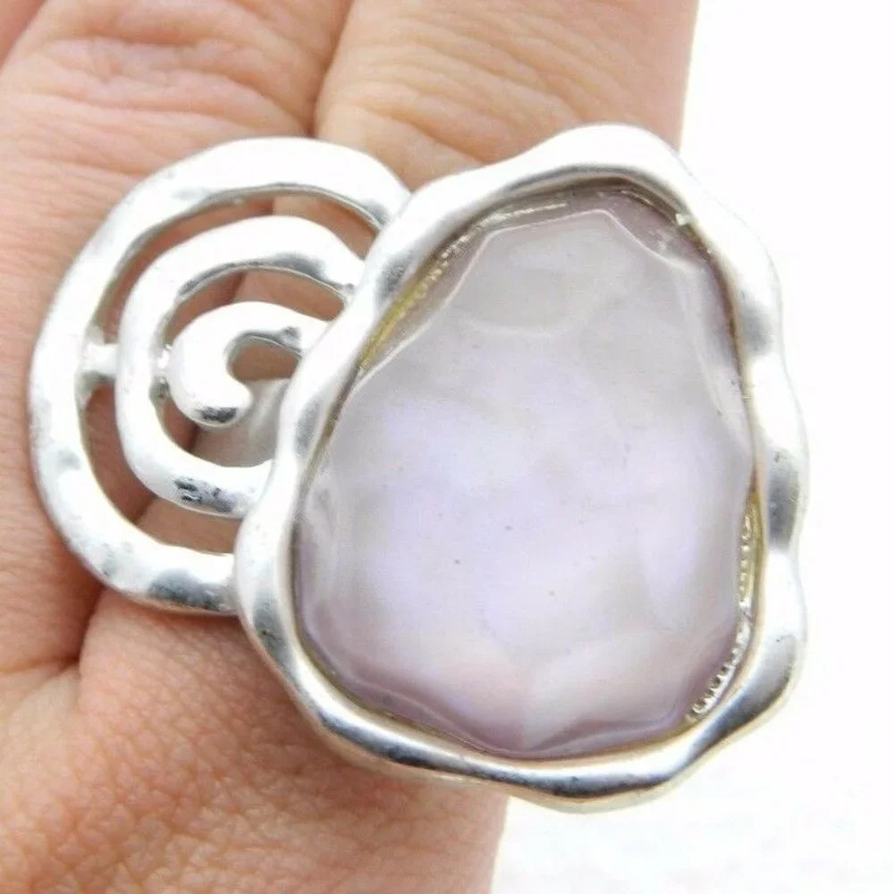 Silver Tone Pink Purple Molded Plastic Ring